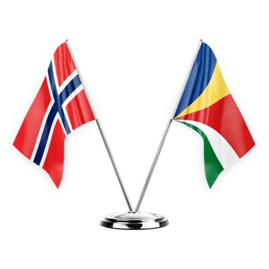 Two table flags isolated on white background 3d illustration, norway and seychelles
