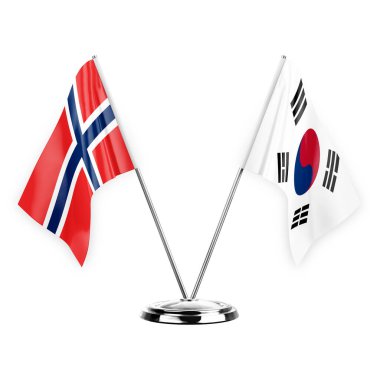 Two table flags isolated on white background 3d illustration, norway and south korea