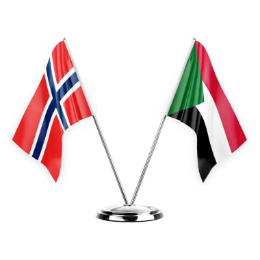 Two table flags isolated on white background 3d illustration, norway and sudan