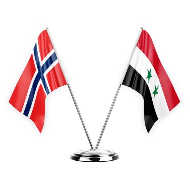 Two table flags isolated on white background 3d illustration, norway and syria