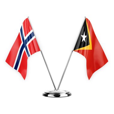 Two table flags isolated on white background 3d illustration, norway and timor leste