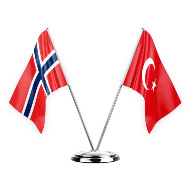 Two table flags isolated on white background 3d illustration, norway and turkey