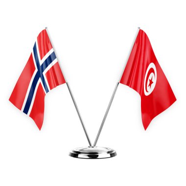 Two table flags isolated on white background 3d illustration, norway and tunisia