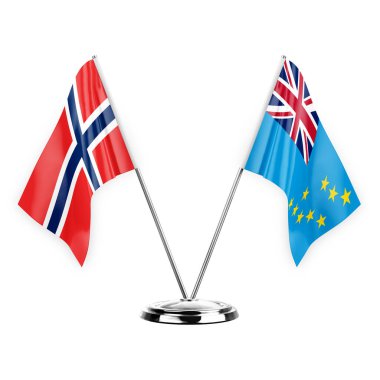 Two table flags isolated on white background 3d illustration, norway and tuvalu