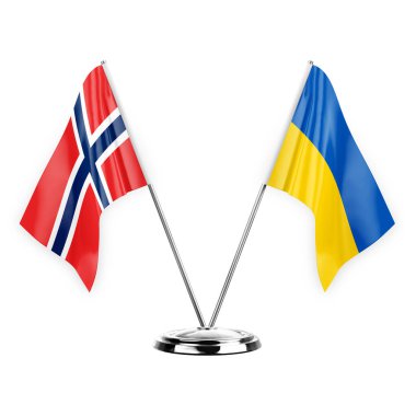 Two table flags isolated on white background 3d illustration, norway and ukraine