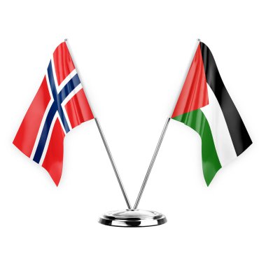 Two table flags isolated on white background 3d illustration, norway and palestine