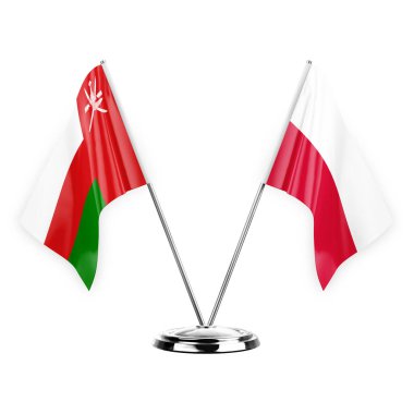 Two table flags isolated on white background 3d illustration, oman and poland