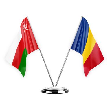 Two table flags isolated on white background 3d illustration, oman and romania