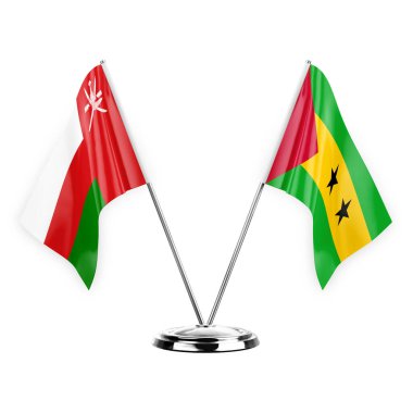 Two table flags isolated on white background 3d illustration, oman and sao tome and principe