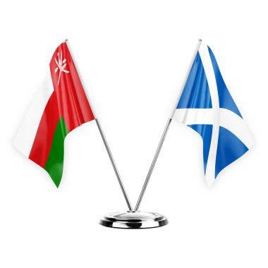 Two table flags isolated on white background 3d illustration, oman and scotland