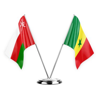 Two table flags isolated on white background 3d illustration, oman and senegal