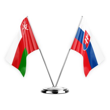 Two table flags isolated on white background 3d illustration, oman and slovakia