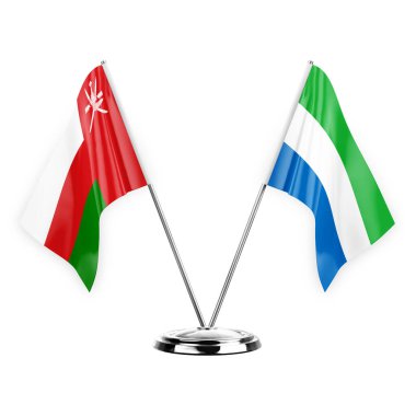 Two table flags isolated on white background 3d illustration, oman and sierra leone