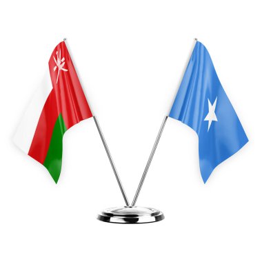 Two table flags isolated on white background 3d illustration, oman and somalia