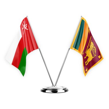 Two table flags isolated on white background 3d illustration, oman and sri lanka