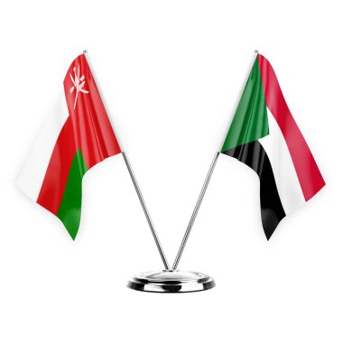 Two table flags isolated on white background 3d illustration, oman and sudan