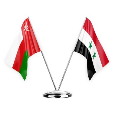 Two table flags isolated on white background 3d illustration, oman and syria