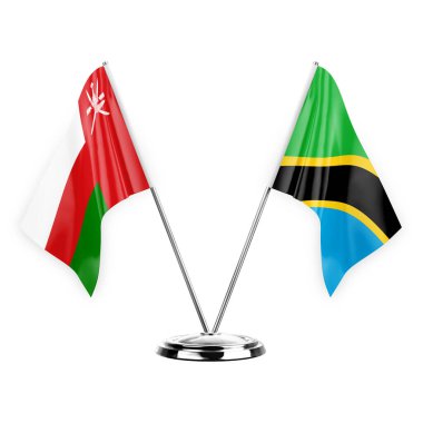 Two table flags isolated on white background 3d illustration, oman and tanzania