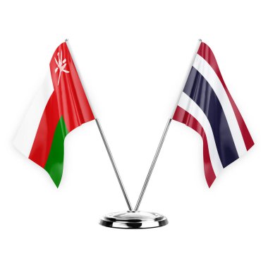 Two table flags isolated on white background 3d illustration, oman and thailand