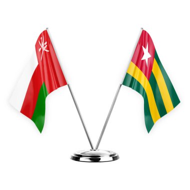 Two table flags isolated on white background 3d illustration, oman and togo
