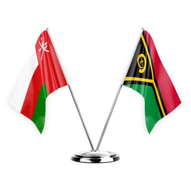 Two table flags isolated on white background 3d illustration, oman and vanuatu