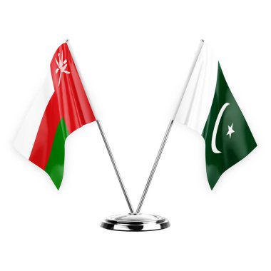Two table flags isolated on white background 3d illustration, oman and pakistan