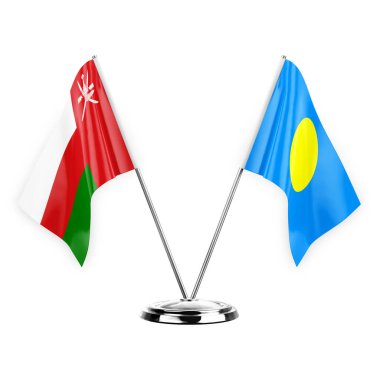 Two table flags isolated on white background 3d illustration, oman and palau