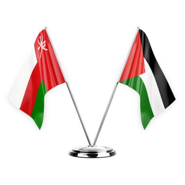 Two table flags isolated on white background 3d illustration, oman and palestine