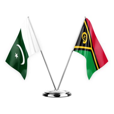 Two table flags isolated on white background 3d illustration, pakistan and vanuatu
