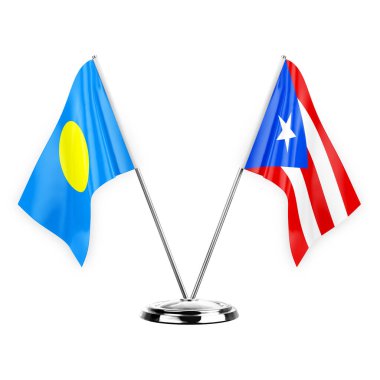 Two table flags isolated on white background 3d illustration, palau and puerto rico