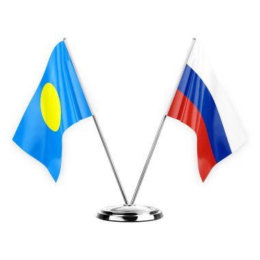 Two table flags isolated on white background 3d illustration, palau and russia