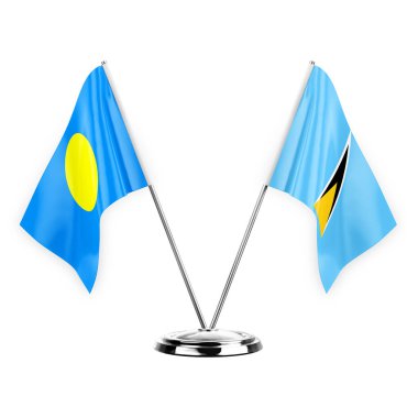 Two table flags isolated on white background 3d illustration, palau and saint lucia