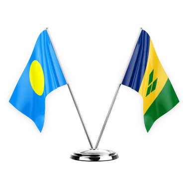 Two table flags isolated on white background 3d illustration, palau and saint vincent and the grenadines