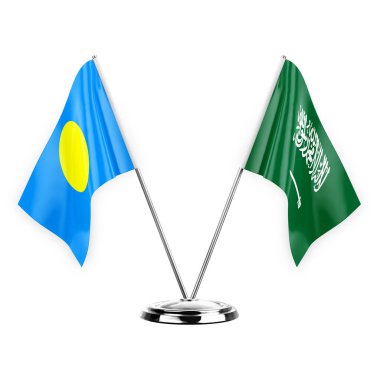 Two table flags isolated on white background 3d illustration, palau and saudi arabia