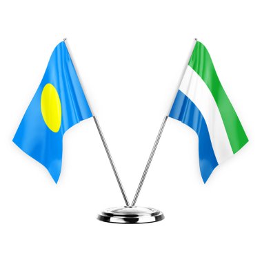 Two table flags isolated on white background 3d illustration, palau and sierra leone