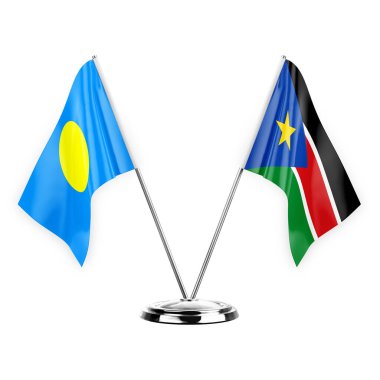 Two table flags isolated on white background 3d illustration, palau and south sudan