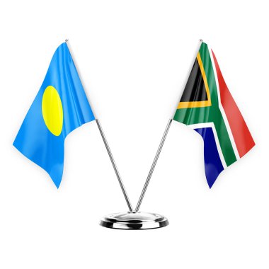 Two table flags isolated on white background 3d illustration, palau and south africa