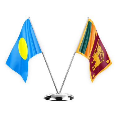 Two table flags isolated on white background 3d illustration, palau and sri lanka