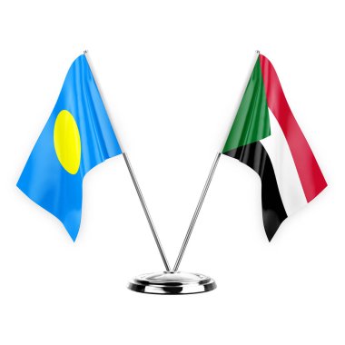 Two table flags isolated on white background 3d illustration, palau and sudan