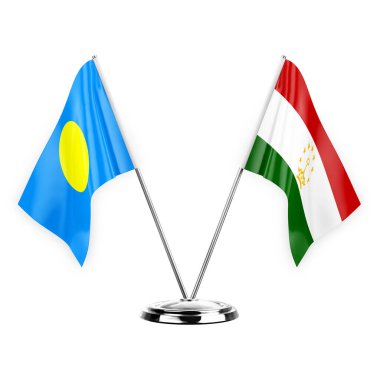 Two table flags isolated on white background 3d illustration, palau and tajikistan