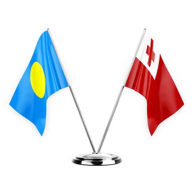 Two table flags isolated on white background 3d illustration, palau and tonga
