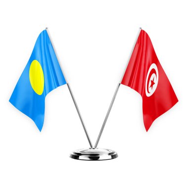 Two table flags isolated on white background 3d illustration, palau and tunisia