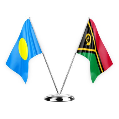 Two table flags isolated on white background 3d illustration, palau and vanuatu