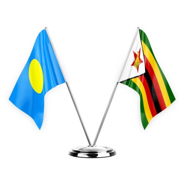 Two table flags isolated on white background 3d illustration, palau and zimbabwe