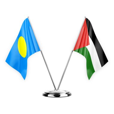 Two table flags isolated on white background 3d illustration, palau and palestine