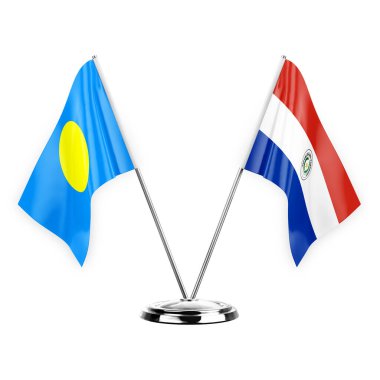 Two table flags isolated on white background 3d illustration, palau and paraguay