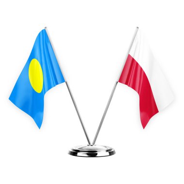 Two table flags isolated on white background 3d illustration, palau and poland
