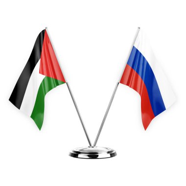 Two table flags isolated on white background 3d illustration, palestine and russia