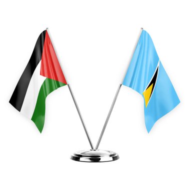 Two table flags isolated on white background 3d illustration, palestine and saint lucia