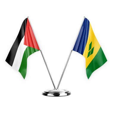 Two table flags isolated on white background 3d illustration, palestine and saint vincent and the grenadines